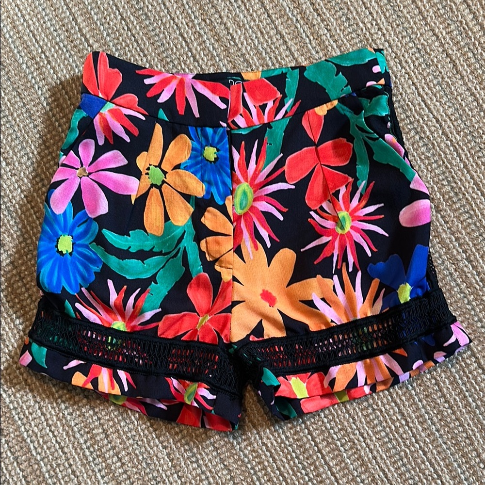 PatBO High Waist Black and Red Shorts with Tropical Flair